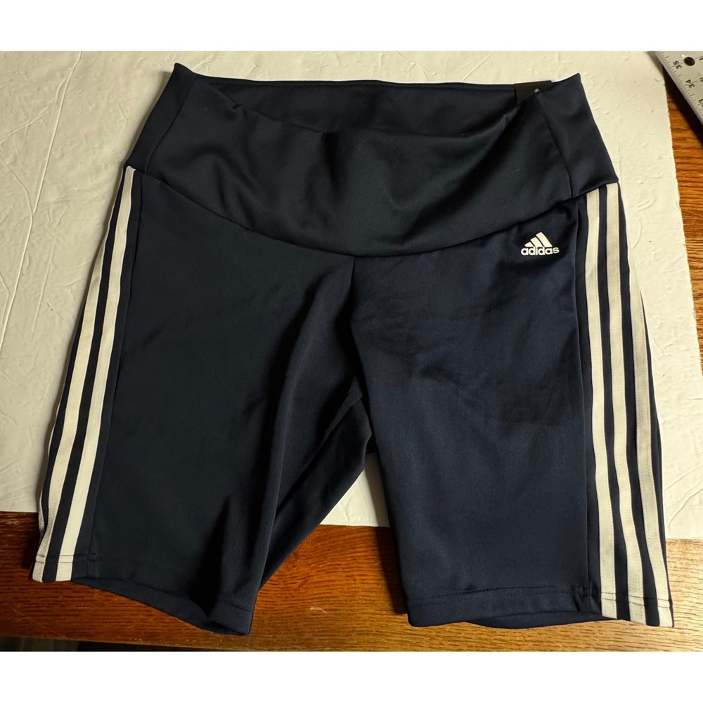Adidas Womens 3X High Rise Bike Shorts Navy Blue 3-Stripe Training Tight Fit NEW
